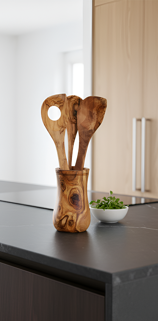 Ustensiles de cuisine en bois d’olivier dans un pot artisanal