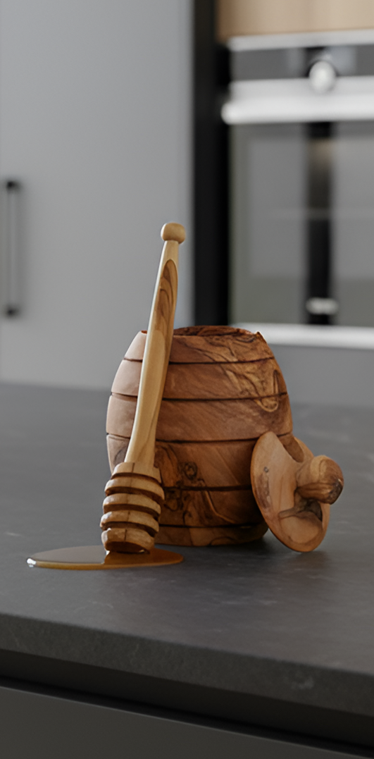 Pot à miel artisanal en bois d’olivier avec cuillère