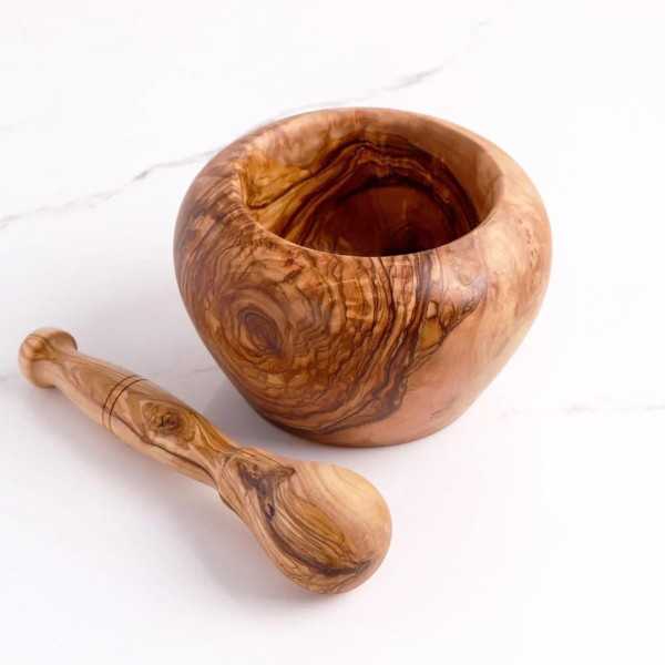 Round Olive Wood Mortar with Pestle