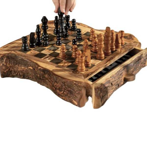 Rustic Olive Wood Chess Set with Storage