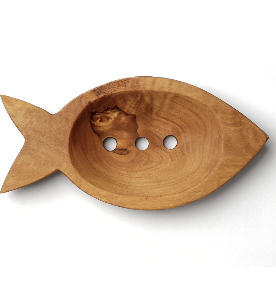 Seifenschale aus Olivenholz mit Fischmotiv