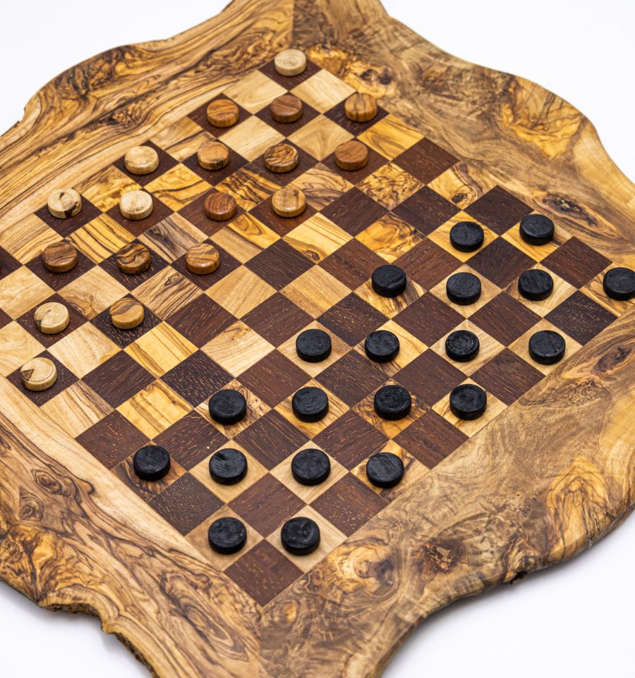 Jeu de dames en bois d’olivier – Rouge foncé