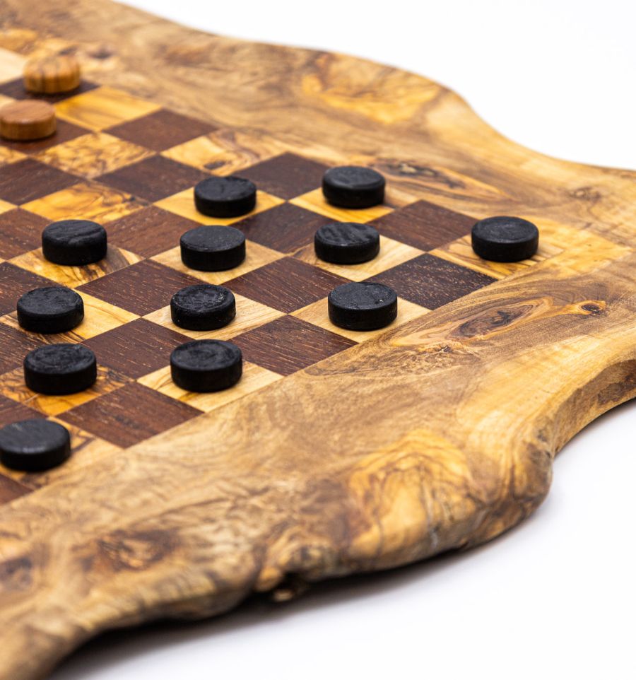 Jeu de dames en bois d’olivier – Rouge foncé