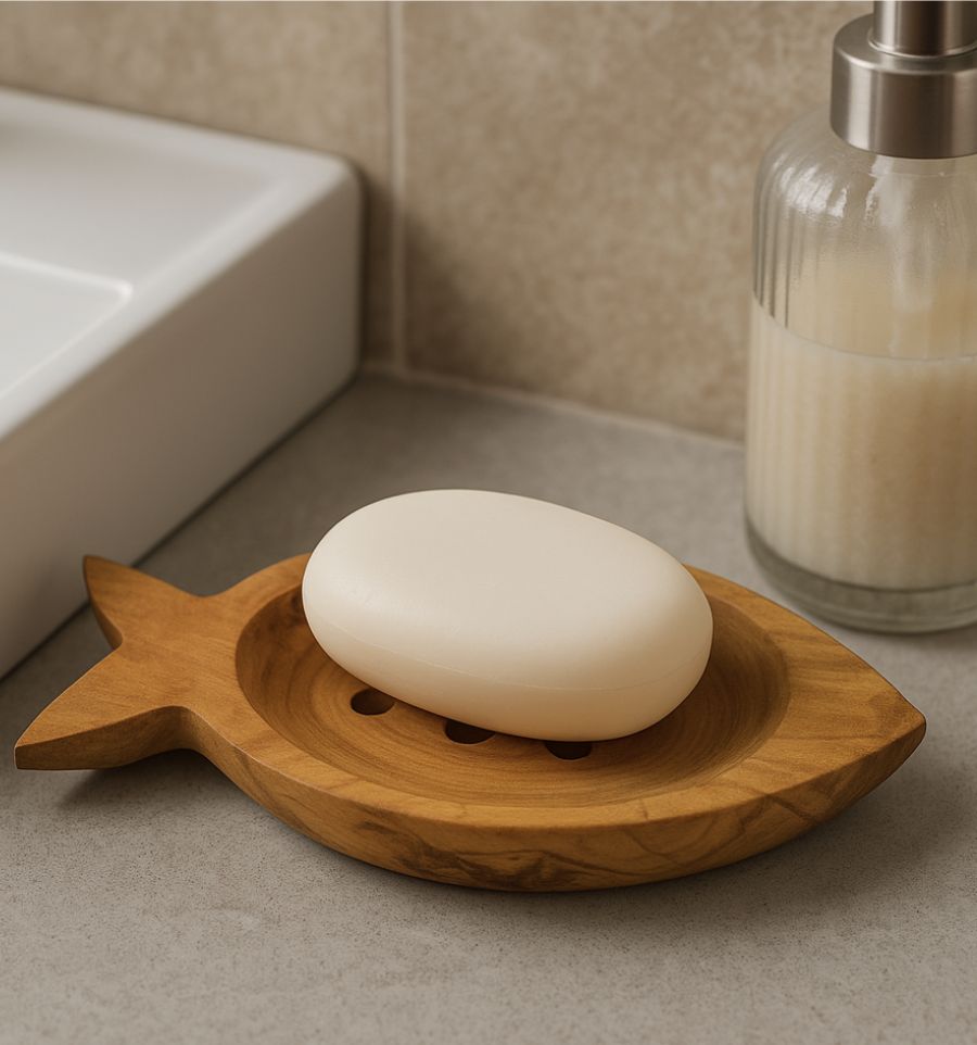 Seifenschale aus Olivenholz mit Fischmotiv