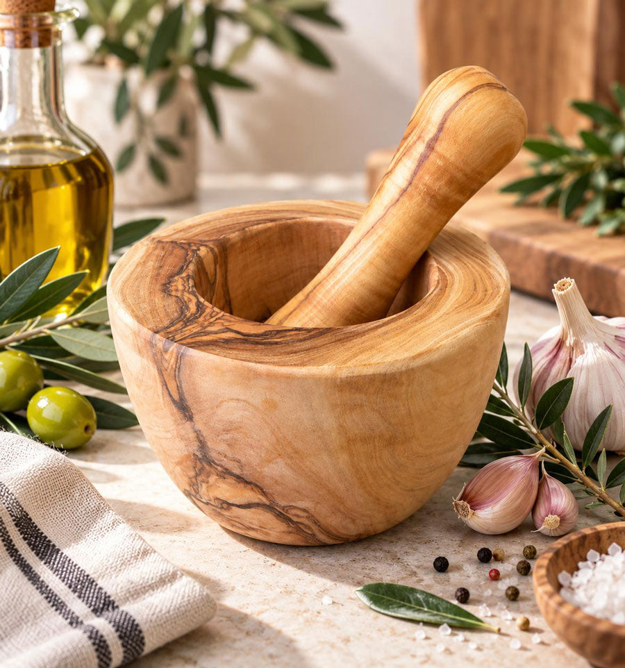 Mortier artisanal en bois d’olivier avec pilon