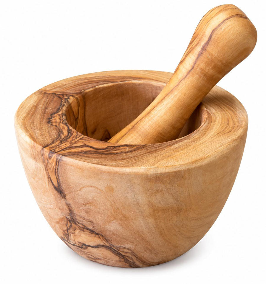 Mortier artisanal en bois d’olivier avec pilon